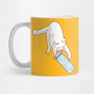 White cat knocking blue water bottle Mug